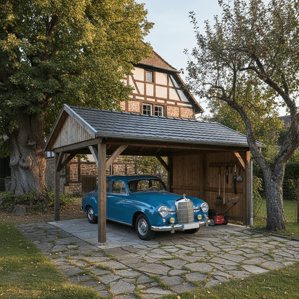 Blauer Oldtimer Geschichte Carport